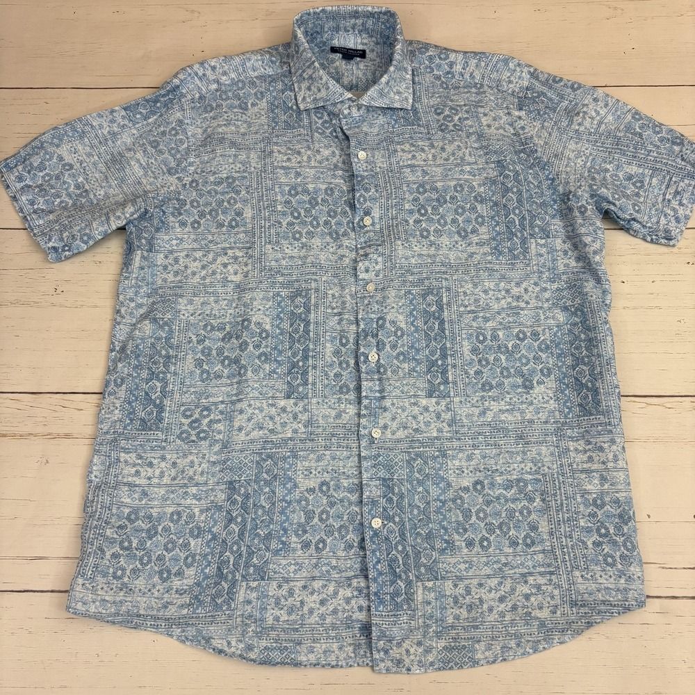 Peter Millar Crown Sport Linen Shirt Mens L Blue Geometric
